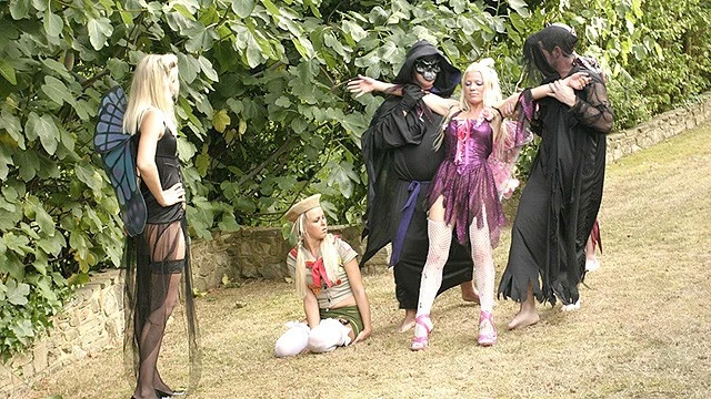 Outdoor Sex between three Costumed Blondes and the three Masked Guys