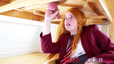 Redhead British 18 Year old Sucks Cock and Gets Drenched under the Milking Table