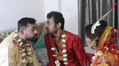 MMF Threesome - Beautiful Indian Wife in Wedding Dress Fucked by Husband and Friend