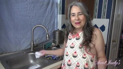 Aunt Judy's - your Busty Step-Aunt Grace gives you a Handjob in the Kitchen (POV)